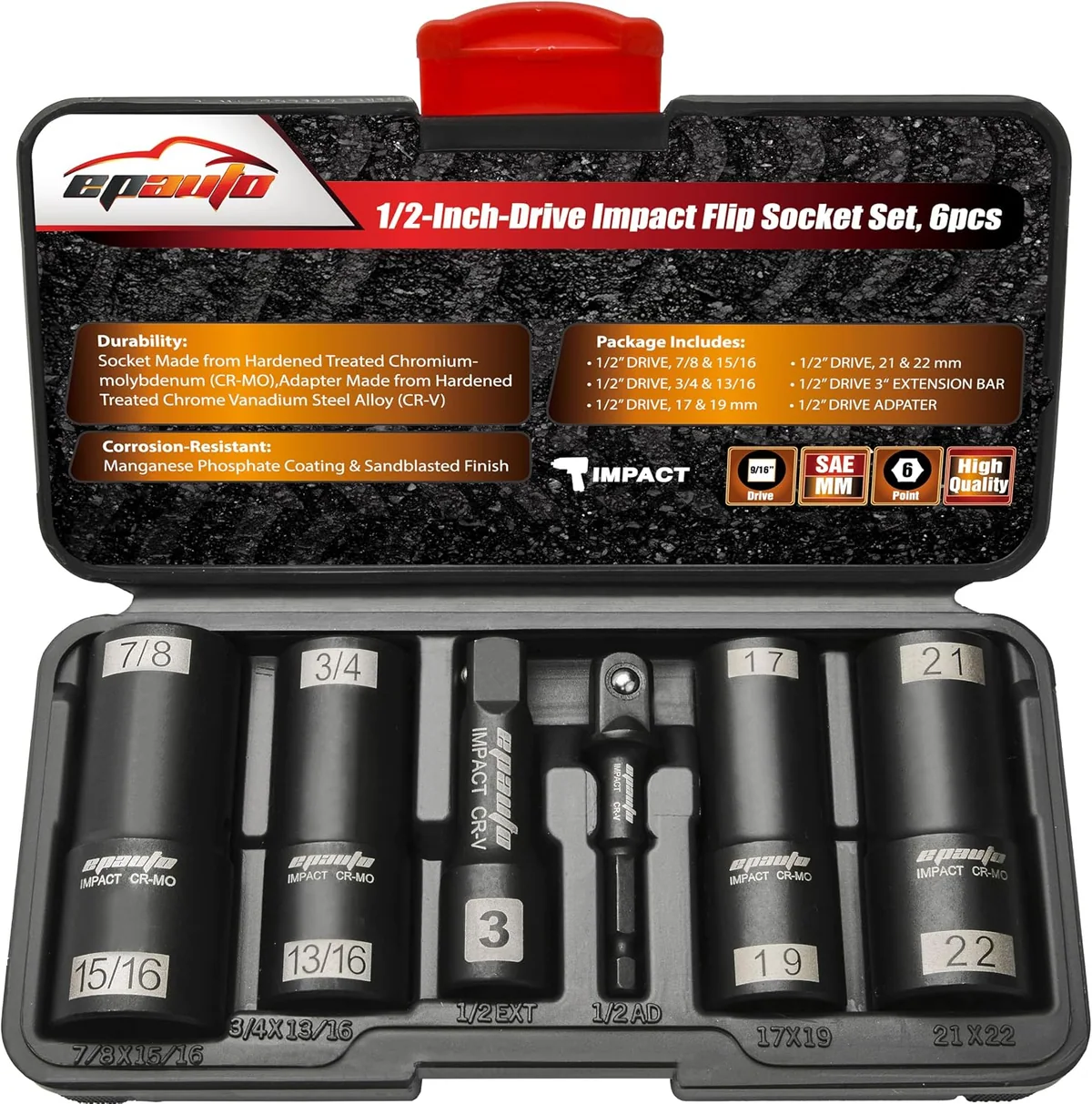 EPAuto 1/2 in. Flip Impact Socket Set