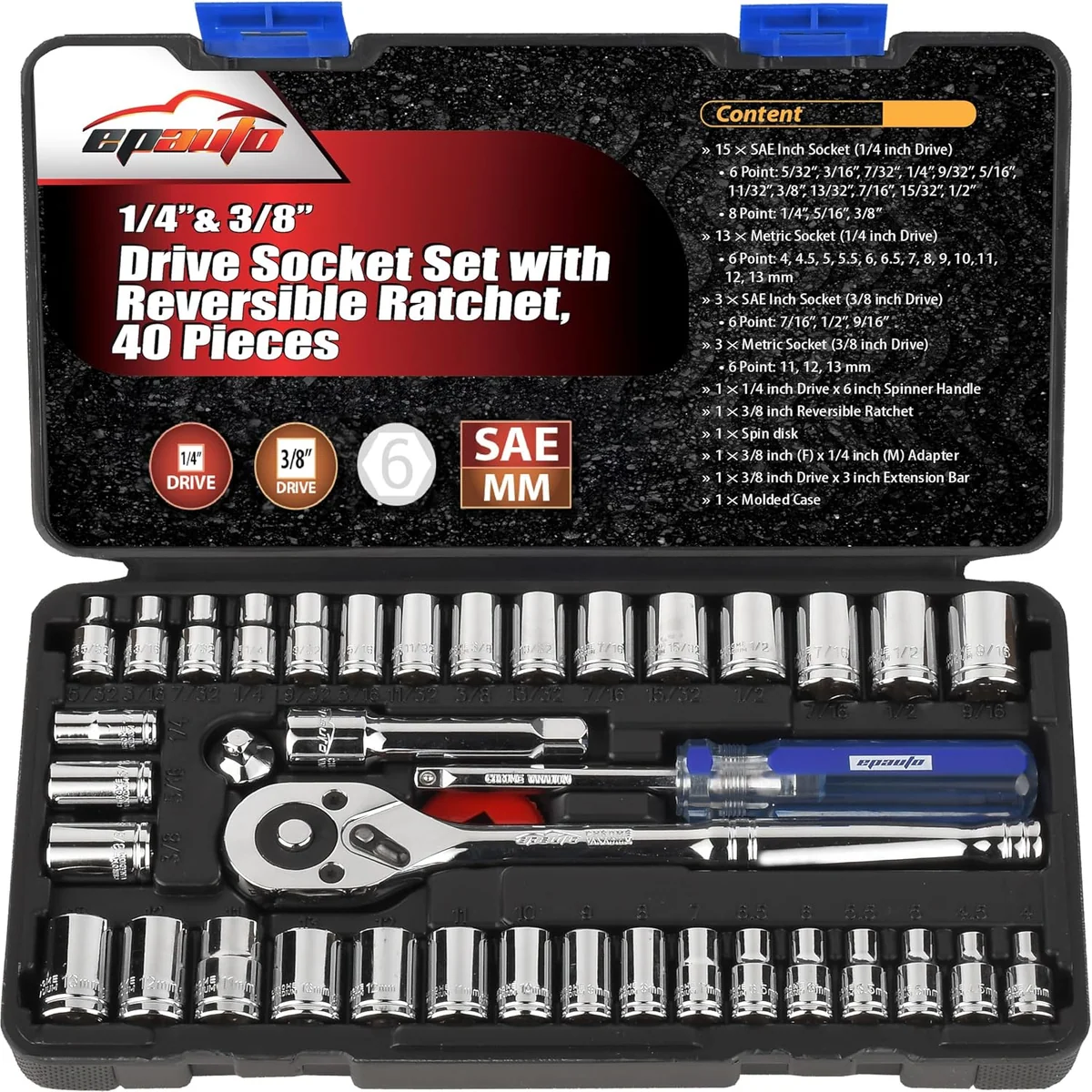 EPAuto 1/4 & 3/8 in. Drive Socket Set, 40 pieces, 72-tooth ratchet